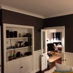 Living room with dark painted walls, white wainscoting, and shelving.